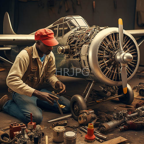 scattered hand wrenches lie around vintage airplane engines in dark workshops