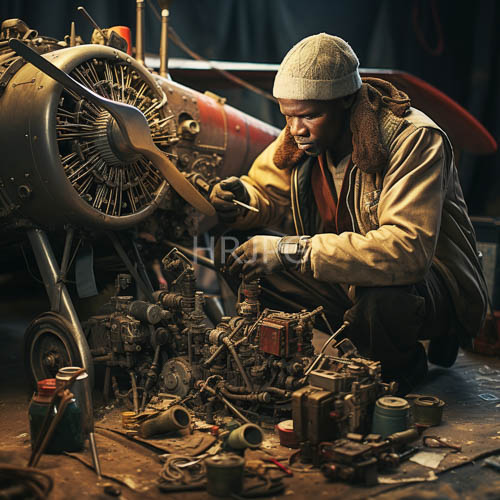 tan jackets frame intense focus over aircraft engine tools in hangars