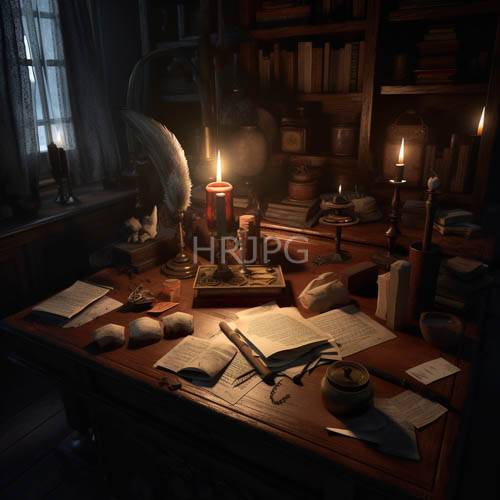 flickering light filters through sheer curtains in a cozy historic study