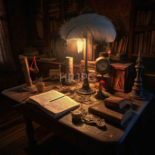 midnight hours on cluttered dimlit wooden desk with antique books and quill pens