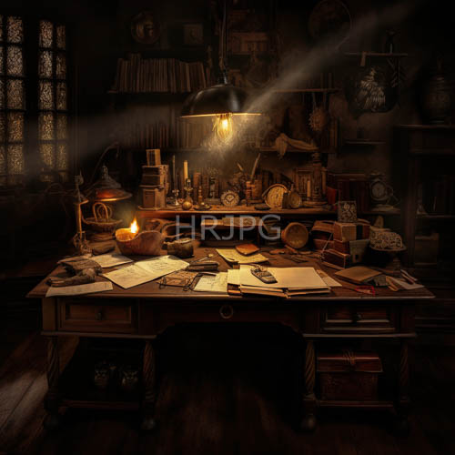 High Resolution: Cluttered Wooden Desk Filled with Vintage Treasures Amidst Afternoon Sunlight and Dusty Trinkets download. | HRJPG.com