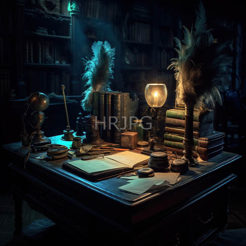dimly lit studies evoke a sense of history with dark wooden furniture and rows of bookshelves