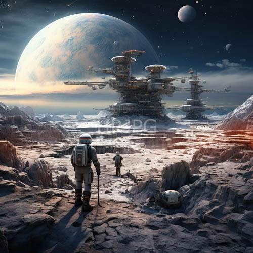 space explorers stand amidst rocky terrain illuminated by celestial glow and starlight