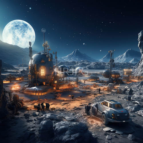 High Resolution: Lunar Settlements Dot Rocky Terrain with DomeShaped Structures Under Starlit Sky download. | HRJPG.com