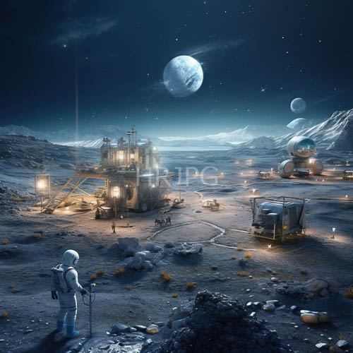 lunar landscape of illuminated structures amidst celestial bodies and sparse vegetation
