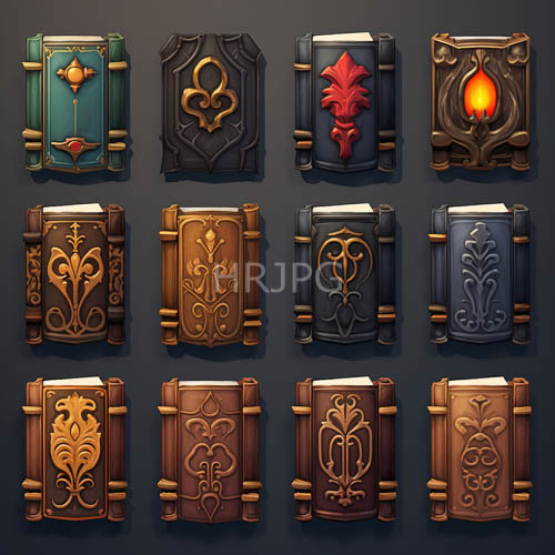 ornate fantasy tomes adorned with floral and geometric filigree on a muted gradient background