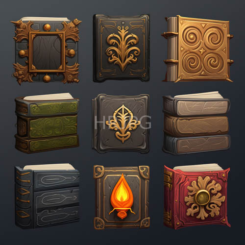 fantasyinspired leatherbound tomes adorned with intricate green filigree on black backgrounds