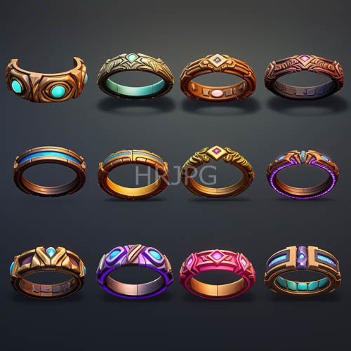 fantasy rings collection layered with turquoise stones and tribal motifs on dark gradient background