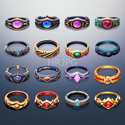 fantasy rings in varied colors and textures on uniform gray background