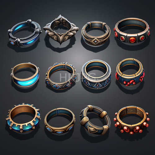 metallic jewelry displays on dark gray backgrounds exhibiting diverse geometric patterns