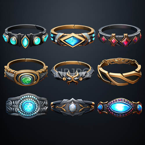 fantasythemed rings with turquoise accents and metallic bands set against deep background