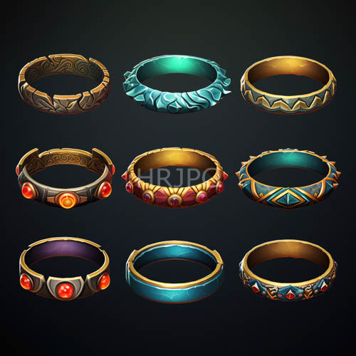 fantasy rings adorned with turquoise and deep red gems on a dark background