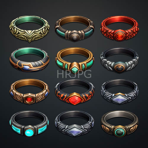 fantasy jewelry collection featuring turquoise and red gemstone accents in intricate metalwork settings