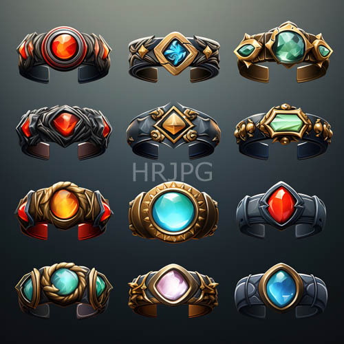 fantasy jewelry collections featuring multicolored gemstones on ornate metallic bands with accents