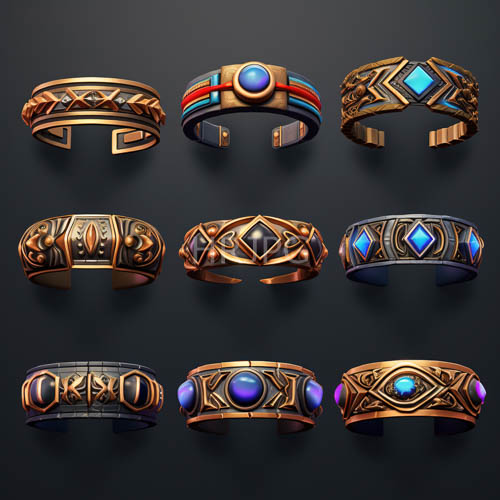 unique patterned ring bands with dark gray background and geometric designs