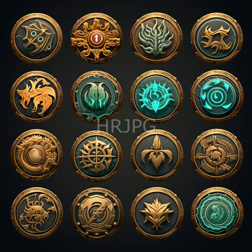 High Resolution: Medals and Symbols Fill Intricate Gold and Teal SixteenPart Grid Design download. | HRJPG.com