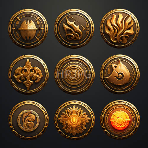 exotic medallions adorned with intricate symbols and geometric patterns on dark gray background