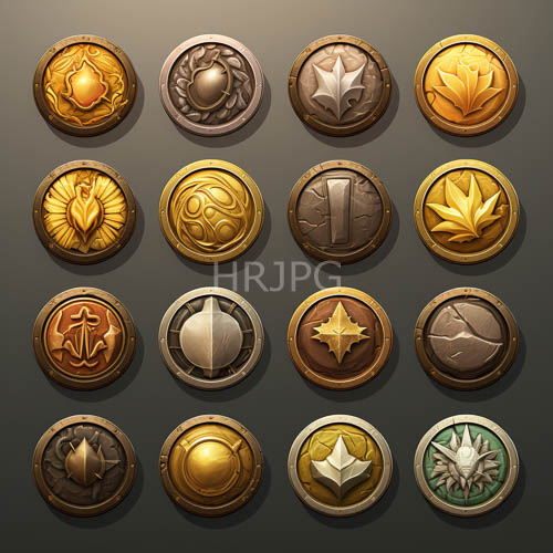 fantasyworld coin collection in metallic array against gray background