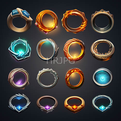 sixteen glowing rings of energetic magical spirals on dark gradient background
