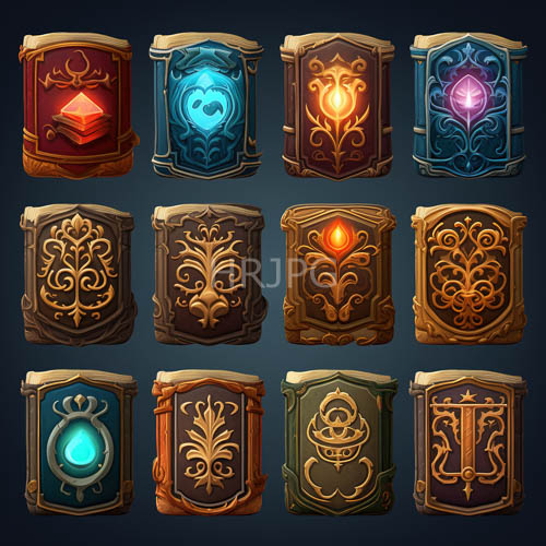 fantasy book covers display ornate symbolism amidst deep blue backgrounds