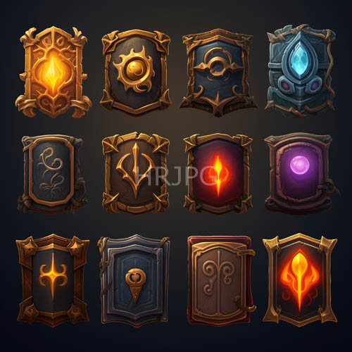 fantasy shields in metallic tones and fiery flames on a dark gradient background