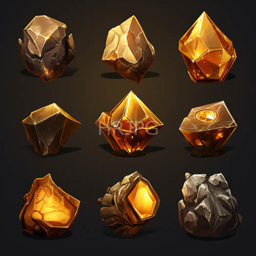 faceted crystals reflecting amber hues against muted dark backgrounds and shadows