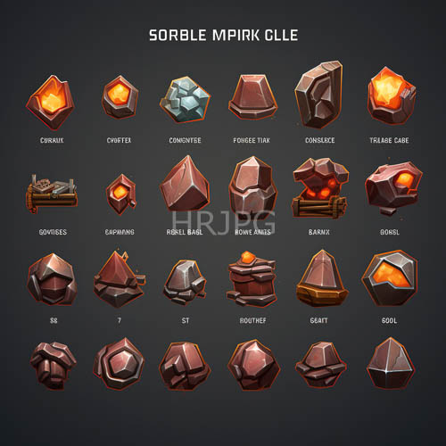 glowing gemstone array on gray background featuring varied geometric shapes and text