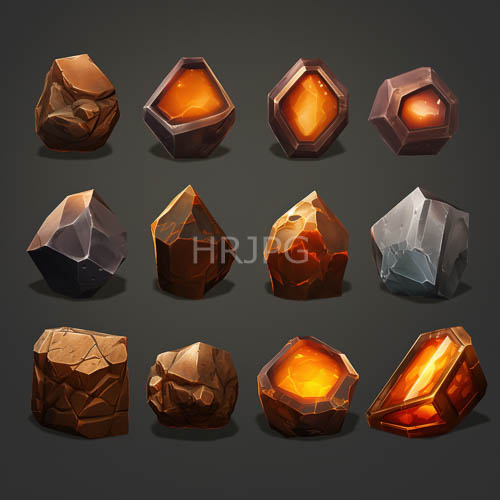 geometric amber stones shine on dark gray background in threebyfour grid display