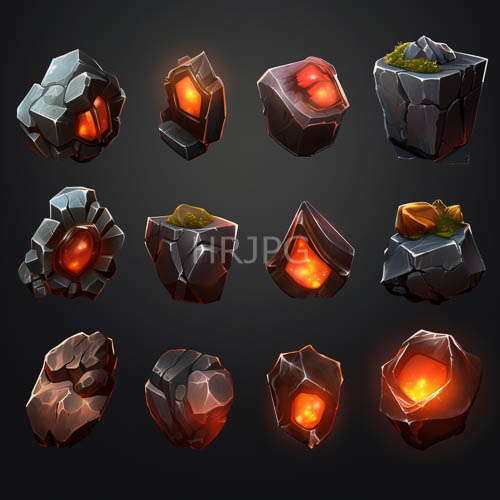 High Resolution: Stylized Rocks Emerge from Gradient Background with Orange Light and Green Moss Textures download. | HRJPG.com