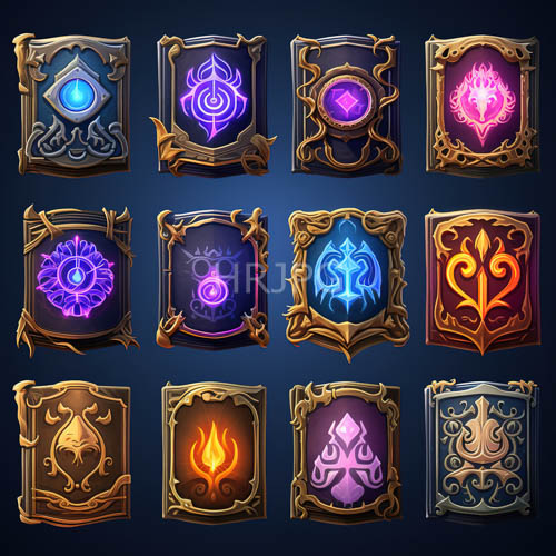 medieval book designs composed of ornate gold frames and glowing magical symbols in blue purple and red hues
