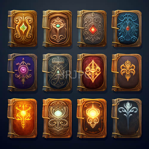 fantasy tomes with intricate gold and blue and purple designs on leather straps