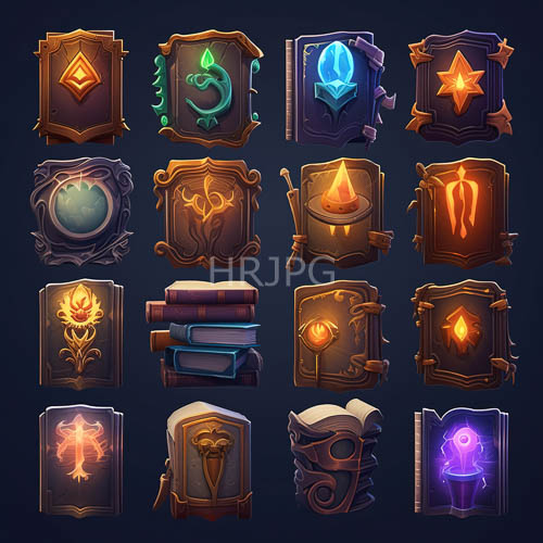 sixteen glowing book covers display diverse arcane icons across magical settings