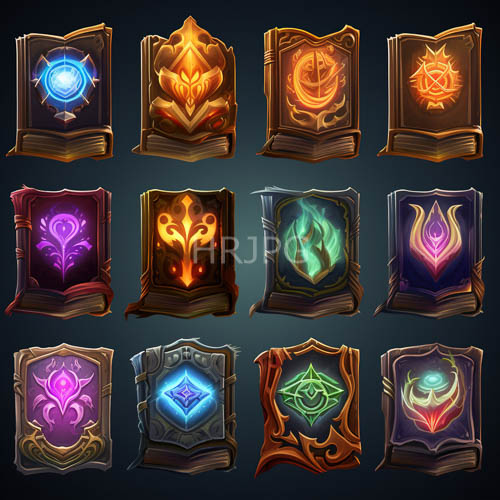 neon bright emblems shine from dark book covers framed by ornate edges