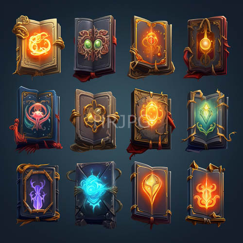 neon symbols and gold red filigree dance across dark blue book covers