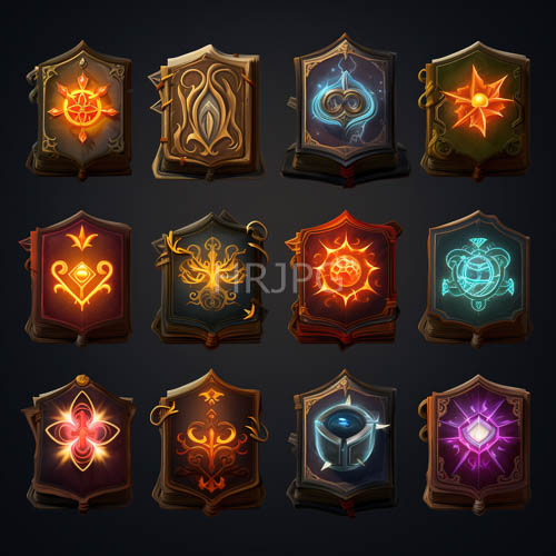 ancient power shields with orange sunbursts and intricate gold filigree on dark backdrops