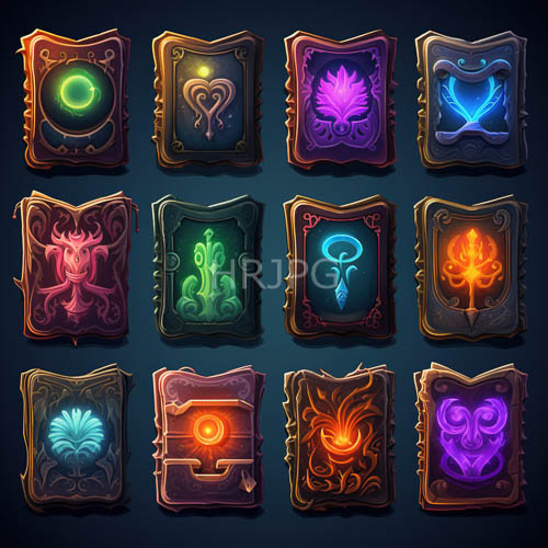 spellcasting arts collection in tworow arrangement on dark blue background with glowing emblems