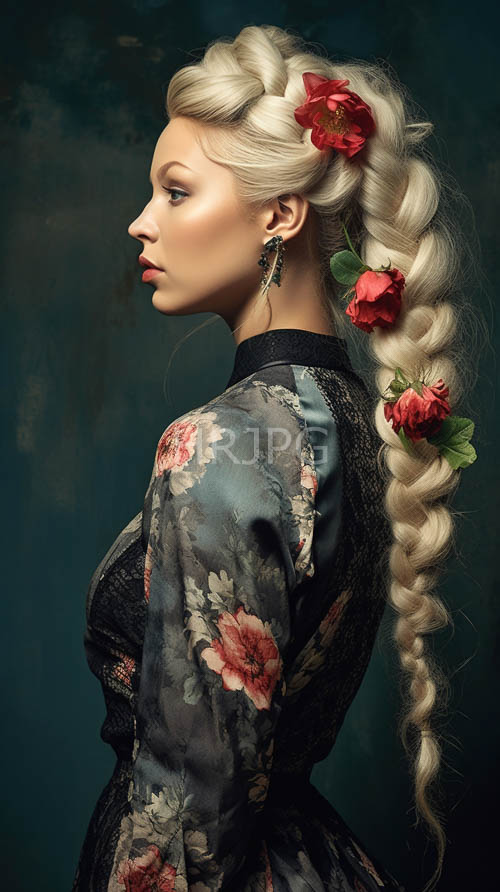red roses woven into platinum braids highlight a dark green background