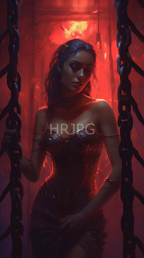 fiery orange light accentuates a black leather corset under dark shadows