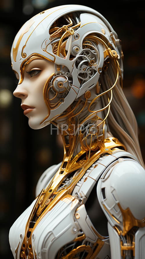 mechanical components and gold gears crown a smooth silver hair texture