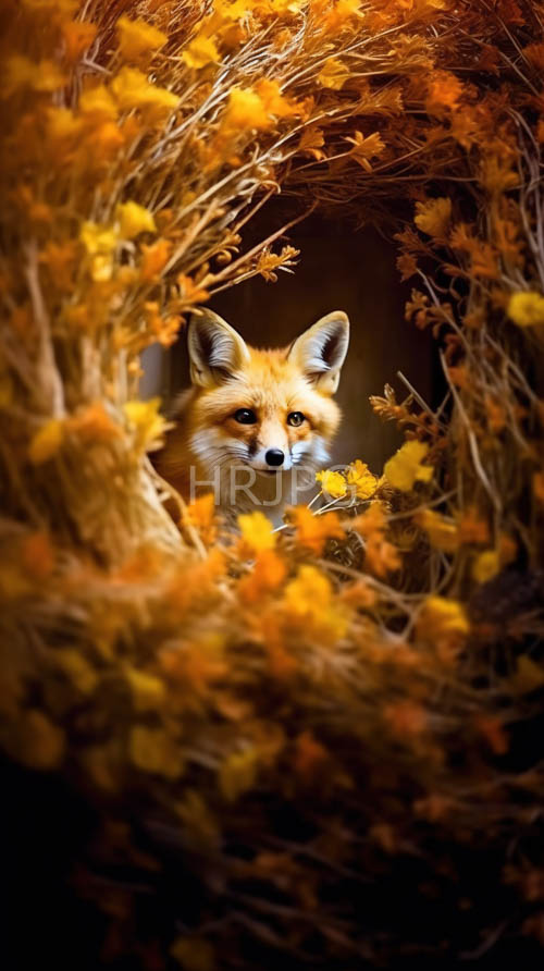 High Resolution: Crisp yellow orange foliage frames vibrant fur inside a dense woodland download. | HRJPG.com