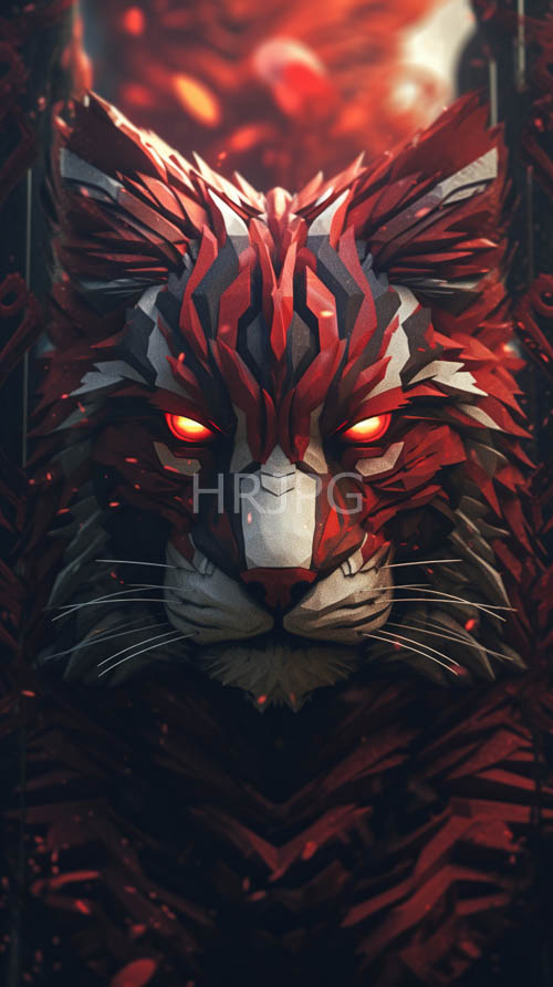 scattered embers drift across geometric red and white patterns on fur