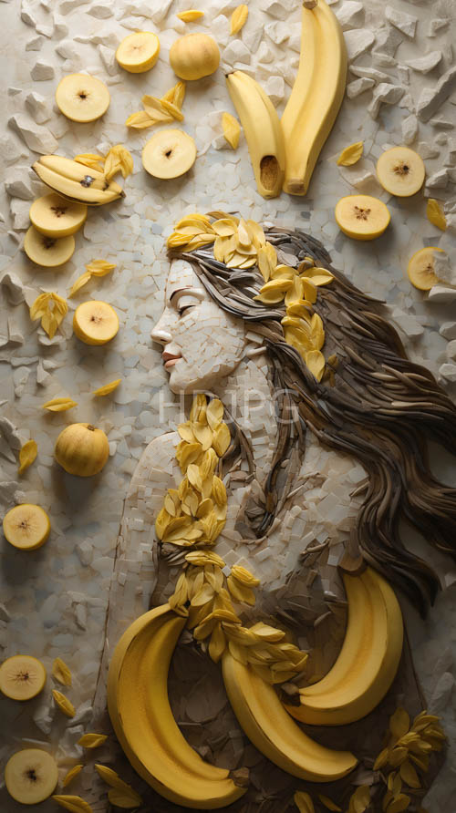 slices of ripe banana and apple halves anchor textured white surfaces