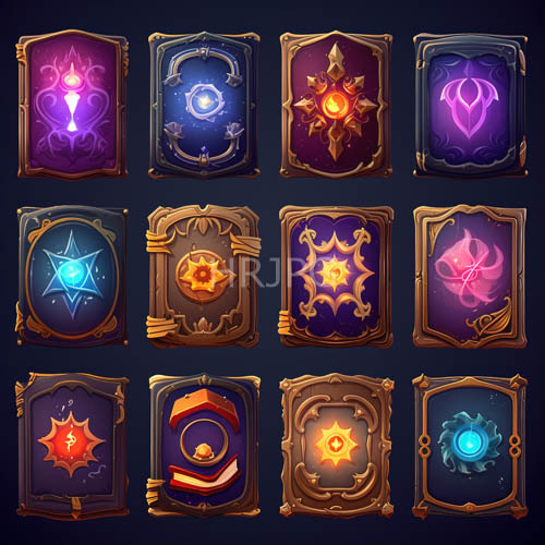golden borders encase twelve glowing book covers displaying shimmering purple hearts