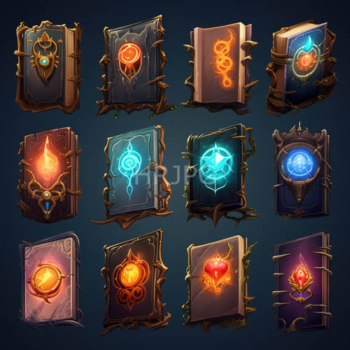 High Resolution: Rustic wooden casings embrace twelve glowing books with orange flame embers download. | HRJPG.com