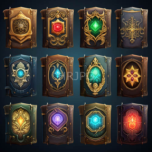 colorful gemstone highlights glisten within embossed gold frames on dark blue