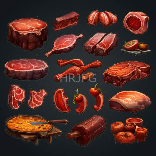 marbled red meat cuts and glossy tomatoes rest on rustic wood