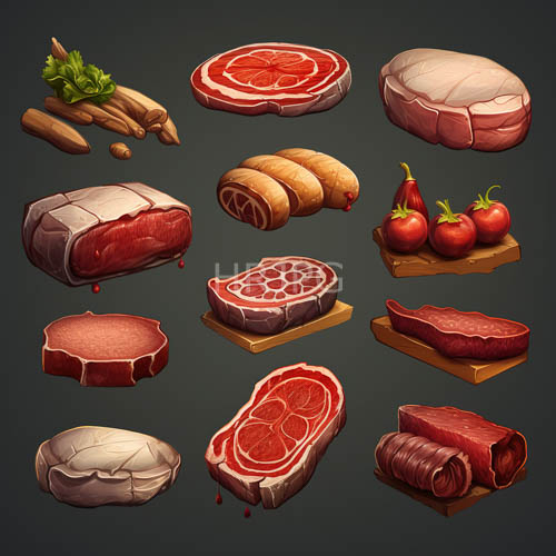 sleek dark gray backdrops emphasize red marbling on thick raw steaks
