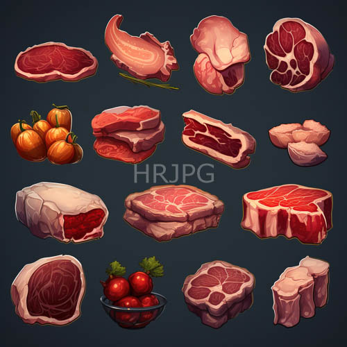 fresh whole tomatoes introduce bright color contrast beside marbled ribeye cuts