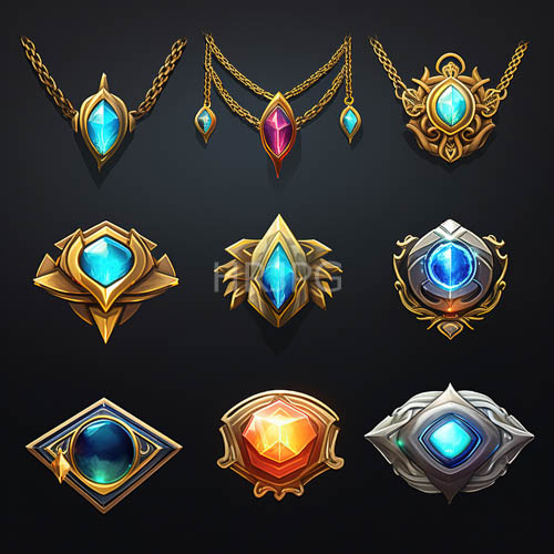 complex ornamental borders frame large azure gemstones on dark negative space