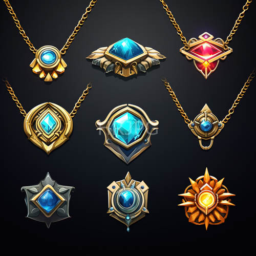 gold chain necklaces with blue and red gemstones gleam over black